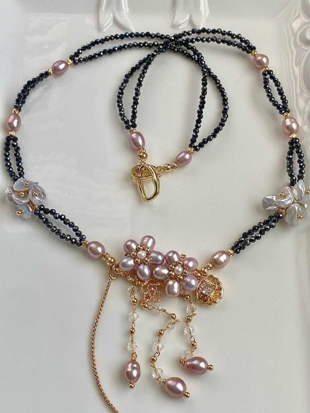GP68-Handmade Black Spinel Double Pink Pearl Flower Braided Necklace